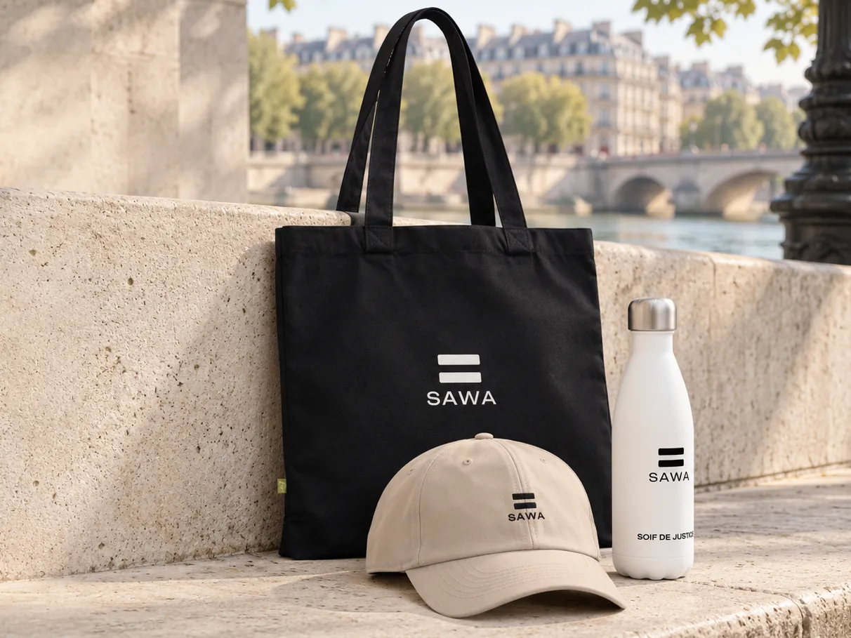 The black SAWA tote bag, sand cap and white bottle on a stone wall by the Seine