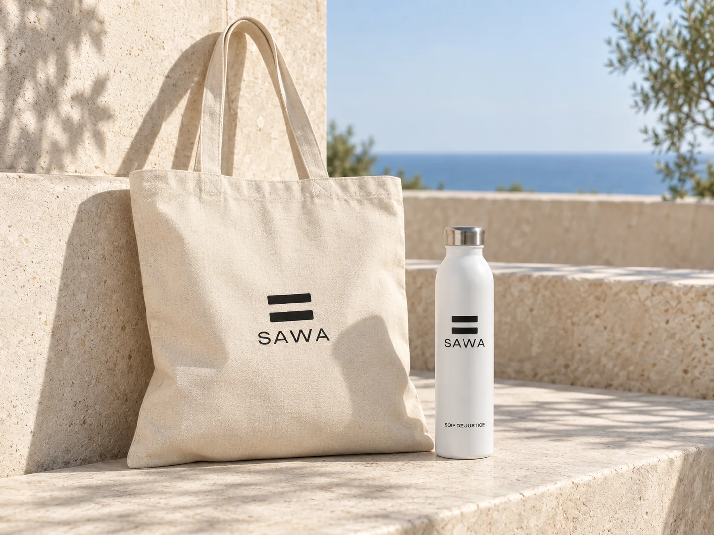 Le tote bag naturel et la gourde blanche SAWA sur un banc de pierre au soleil